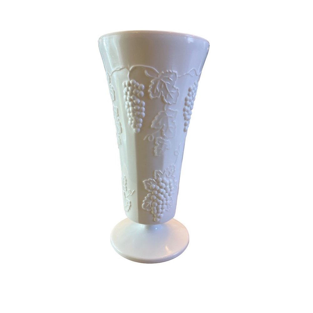 Rare Vintage 10" Milk Glass Vase with Grape Pattern